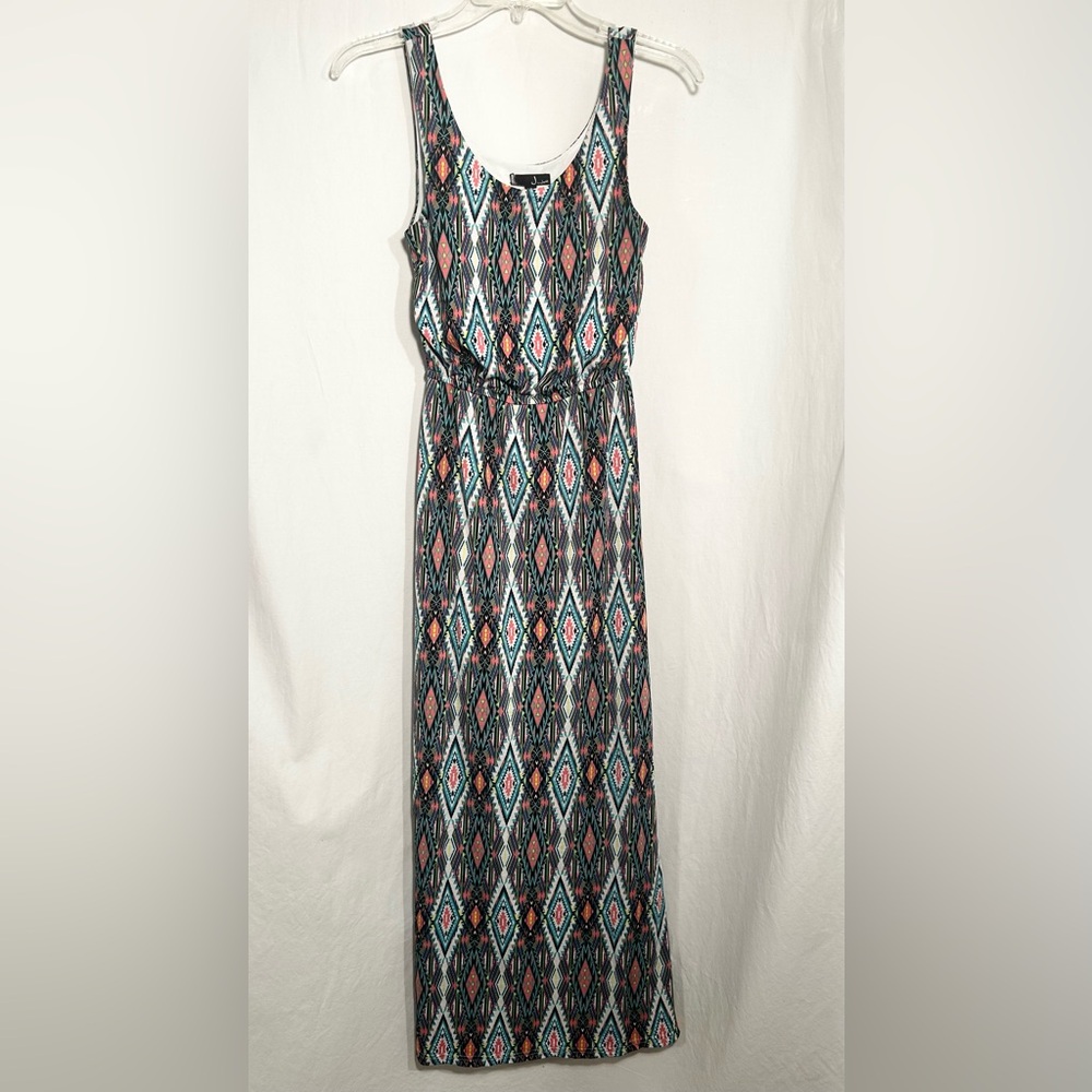 WOMENS MEDIUM J FOR JUSTIFY SLEEVELESS ABSTRACT MULTI COLORED STRETCH MAXI DRESS